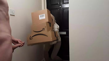 A man who is extremely busy jerking off encounters a young Amazon delivery girl who decides to assist him in reaching orgasm